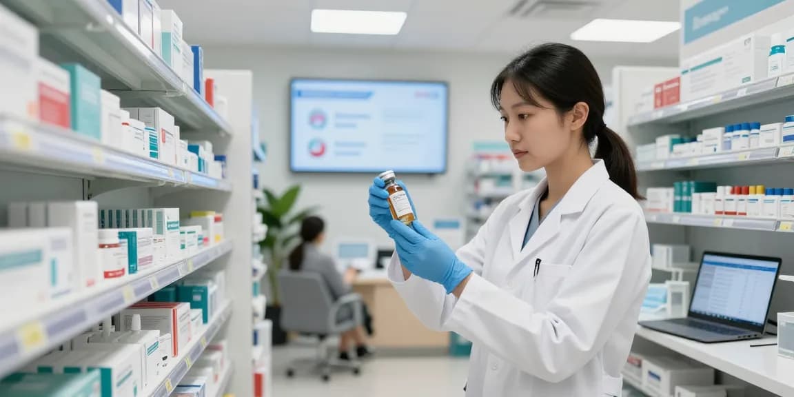 Healthcare professional reviewing medical supplies in Mississauga pharmacy, highlighting essential medical products.