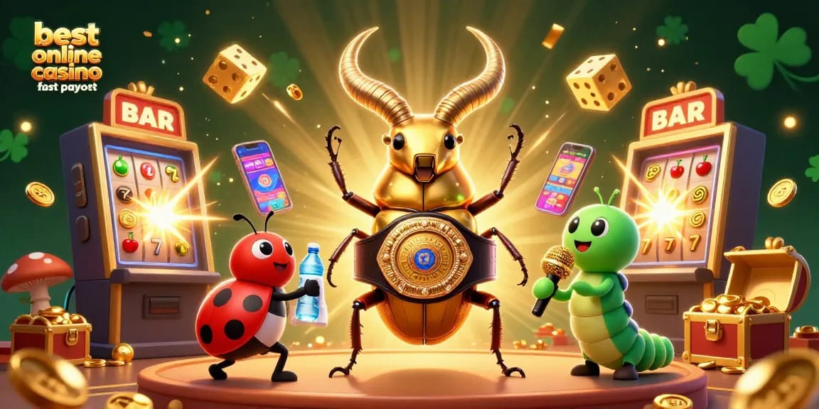Bet at the best online casino fast payout with a playful 3D illustration of a colossal stag beetle champion.