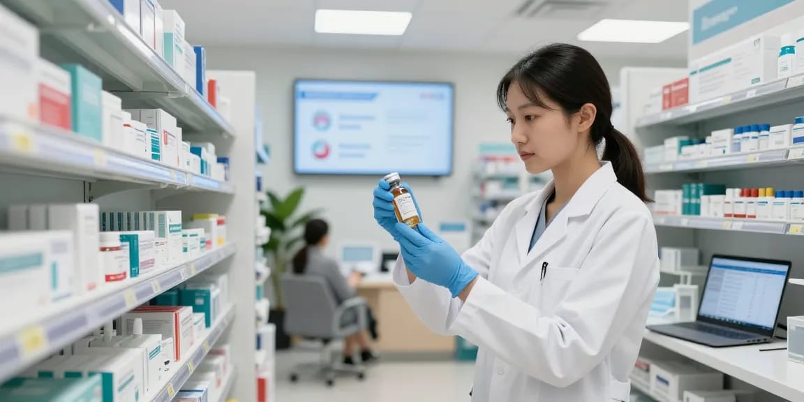 Healthcare professional reviewing medical supplies in Mississauga pharmacy, highlighting essential medical products.