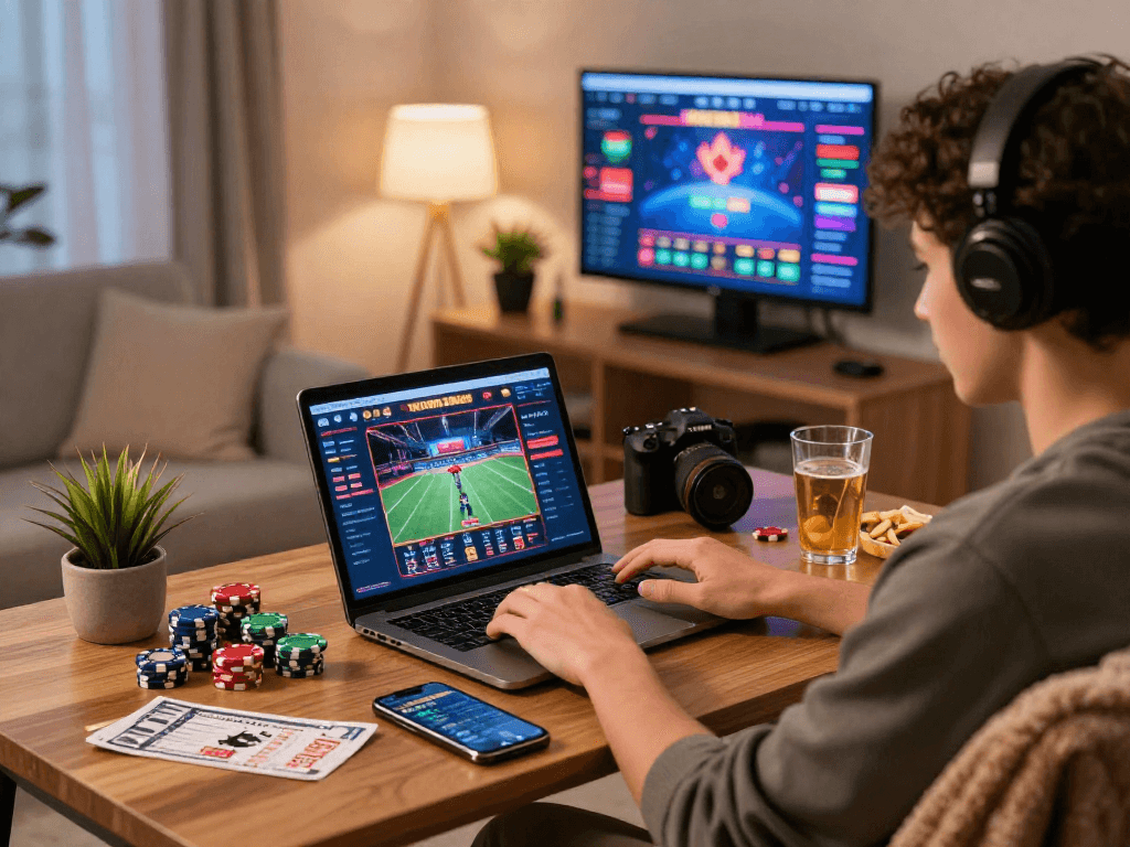 Engaged player gambling online in Canada, surrounded by gaming items and sports tickets.