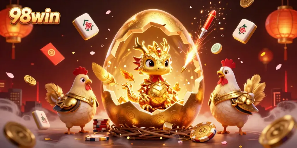 Engage with thrilling 98win gaming as a golden dragon emerges from a cracking egg among casino tokens.