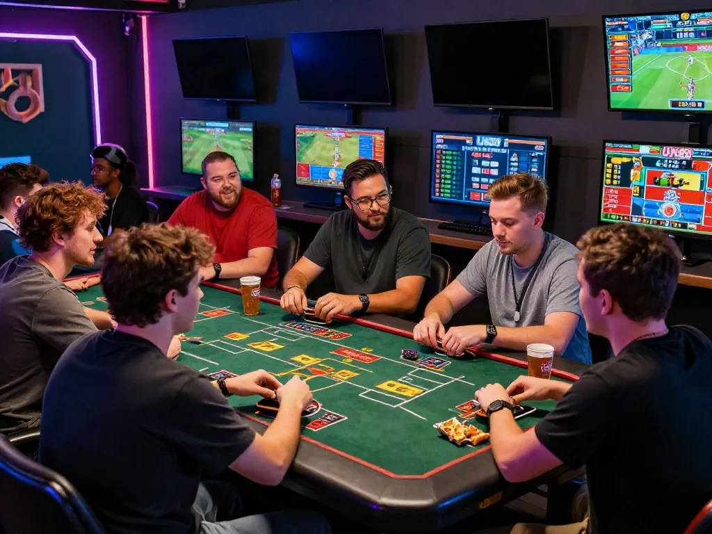 Exciting online gaming experience at UK88 with players engaged at a betting table, showcasing vibrant atmosphere and live sports.