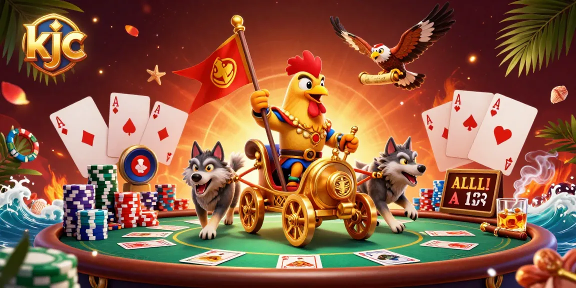 Betting joyfully at KJC with a cartoon rooster warlord amidst poker game elements.