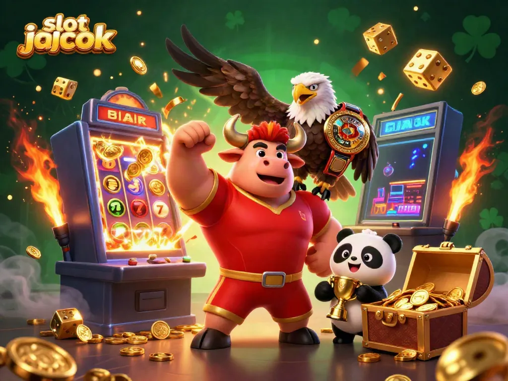 Engaging scene showcasing slot jackpot excitement with a cartoon bull mascot, eagle, and panda celebrating around dynamic casino elements.