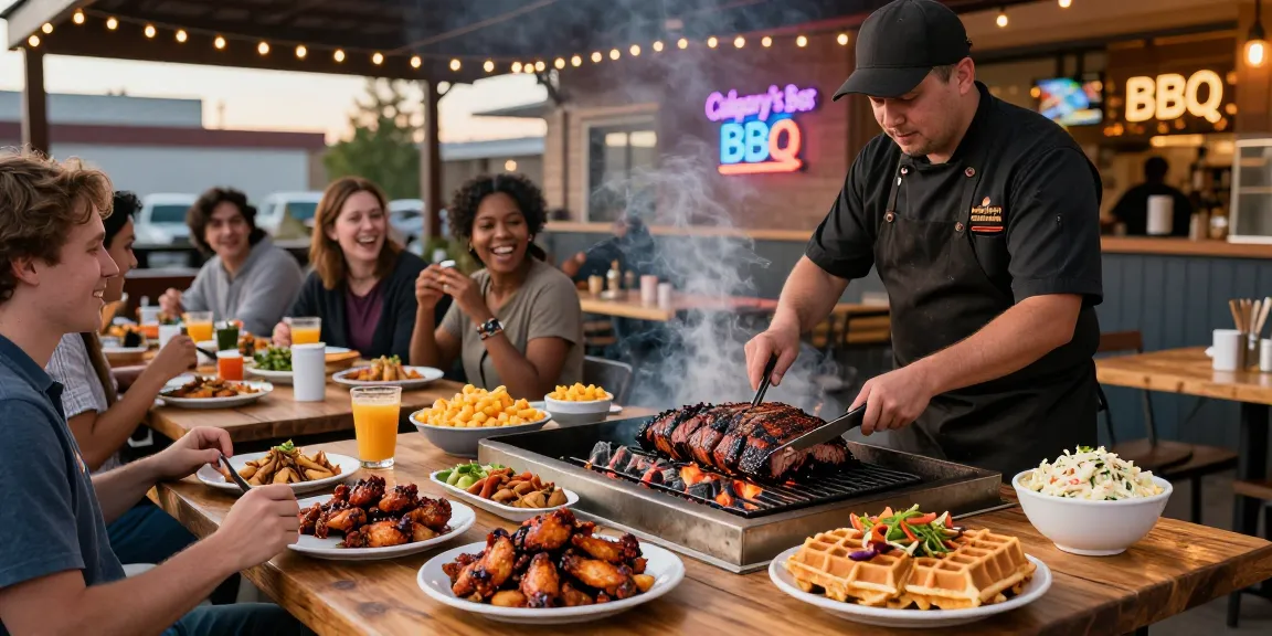 Enjoying BBQ dishes at a lively restaurant in Alberta, featuring delicious brisket, pulled pork poutine, and smoked chicken wings.