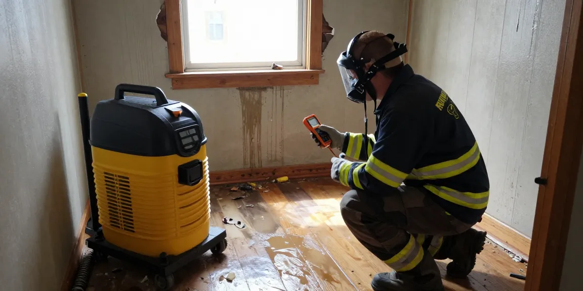 Water Damage Restoration North Vancouver technician assessing damage with industrial equipment in a flooded basement