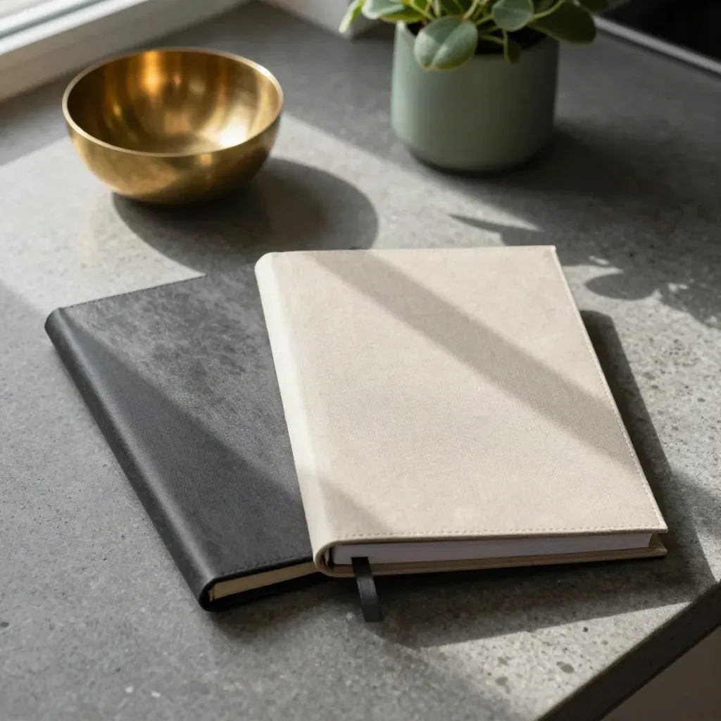 Top-down binders, brass bowl and small plant on a stone counter in late sun.