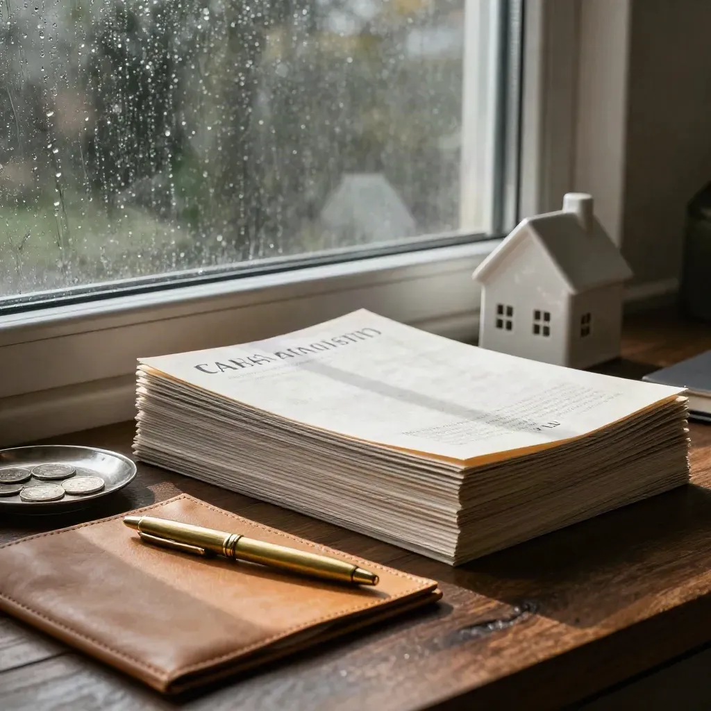 Rain-lit wealth planning still life with folios, house model, brass pen and leather folio by a window.