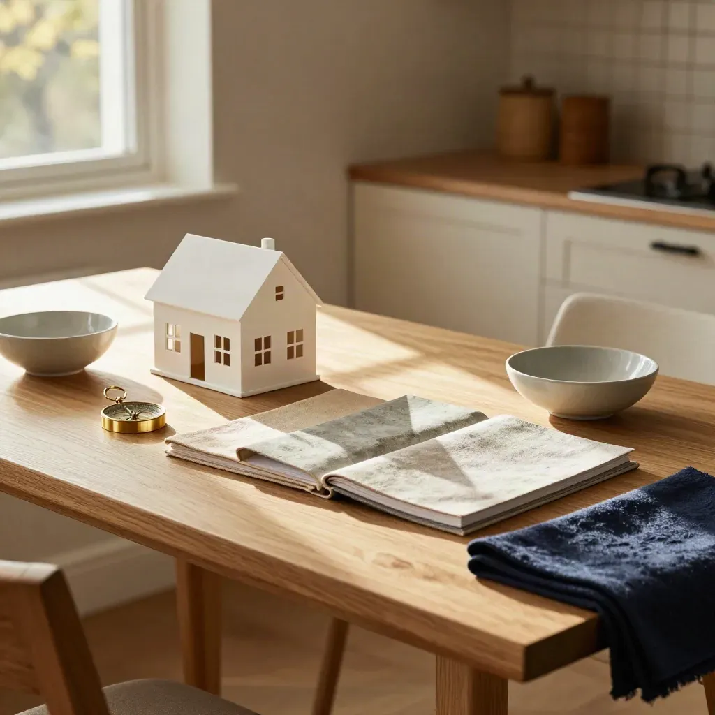 Sunlit retirement planning still life with house model, compass, folios and bowl on an oak nook table.