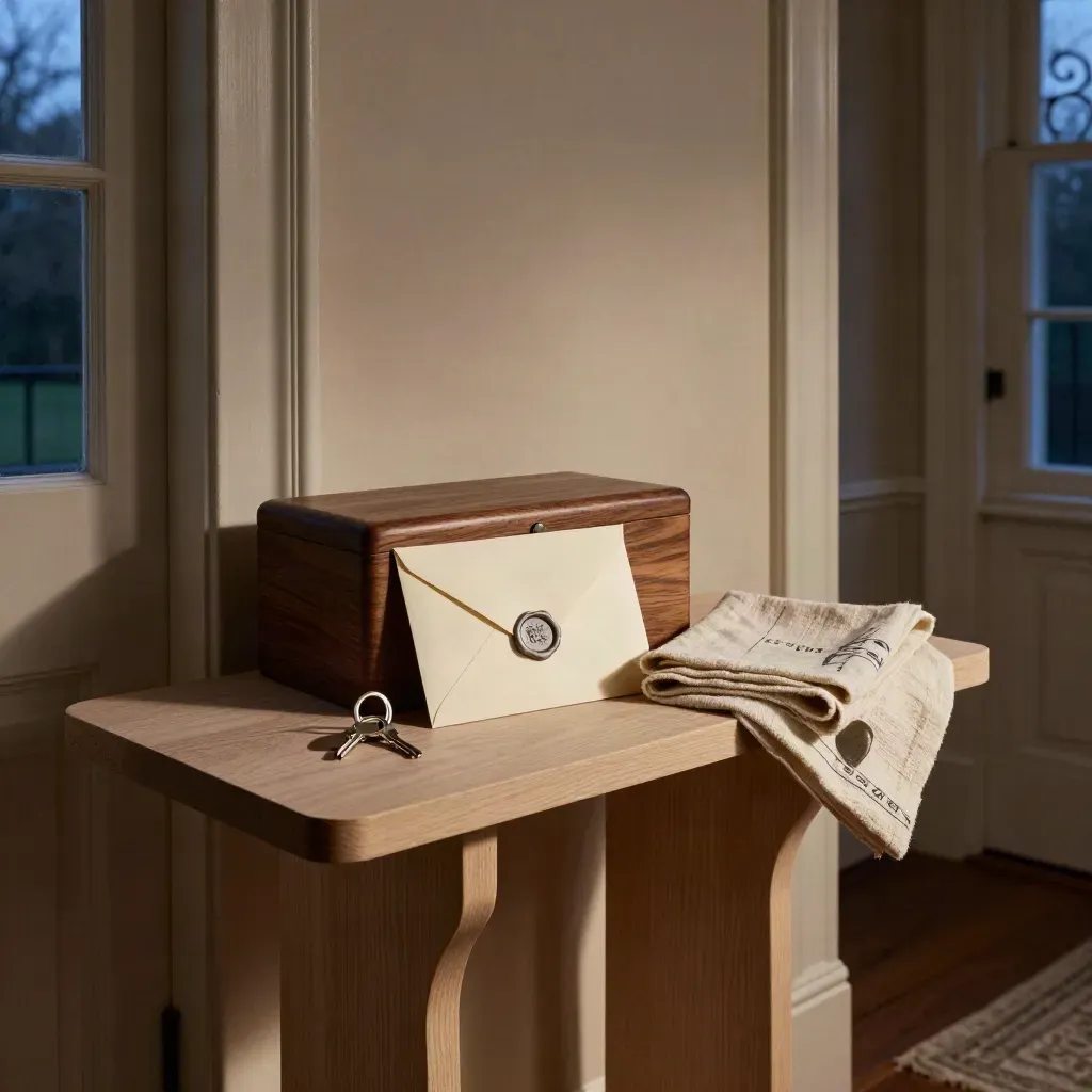 Keepsake box, wax-sealed envelope, silver key ring and folded linen on a hallway console at dusk.