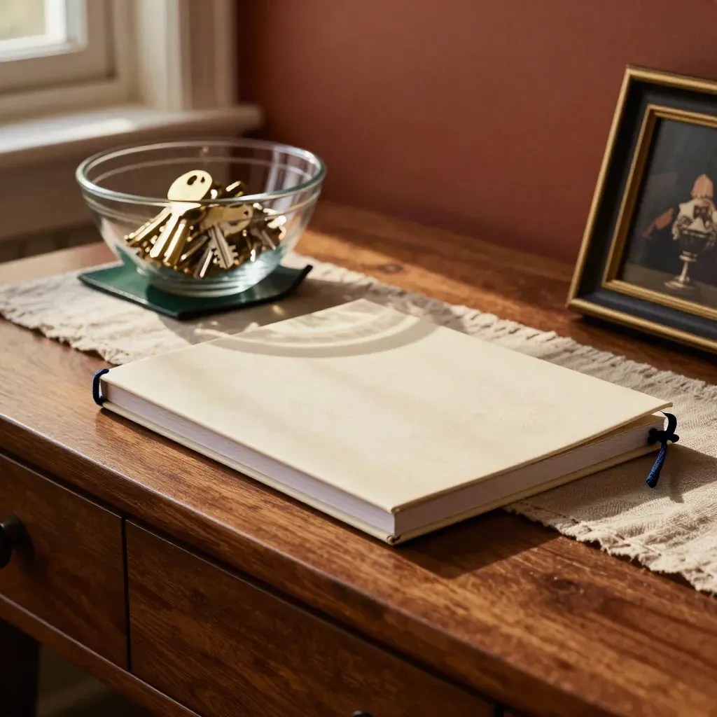 Bedside table with sealed folio, glass bowl of keys, and turned-away framed keepsake in warm sunset light