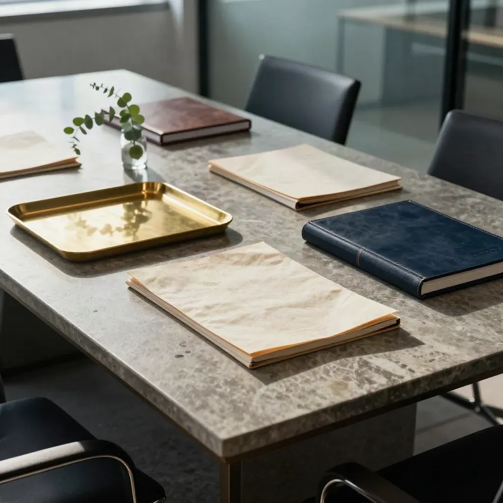 Stone boardroom table with sealed folios, brass tray, and eucalyptus in morning light.