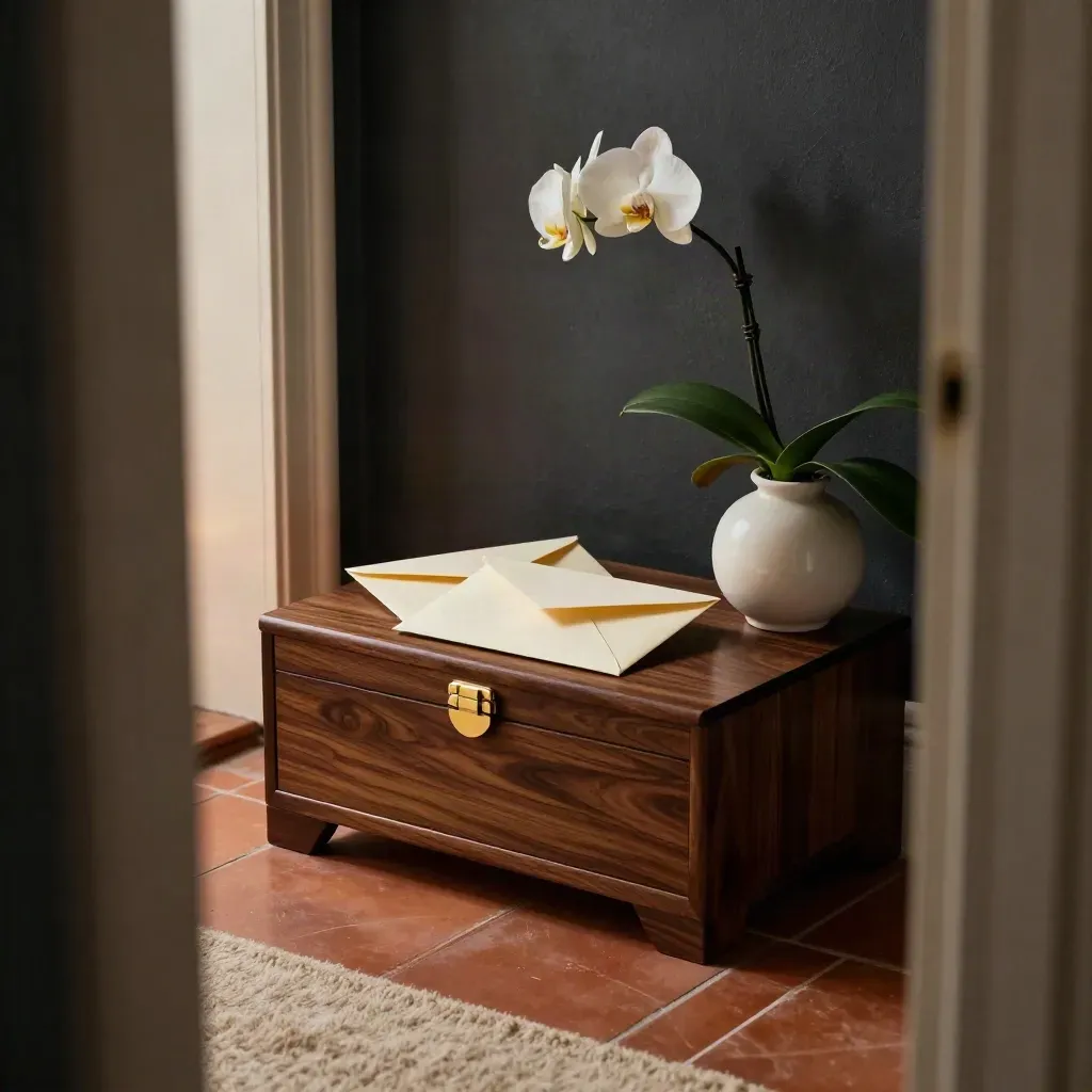 Keepsake box, two sealed envelopes and a white orchid on a study side table at dusk