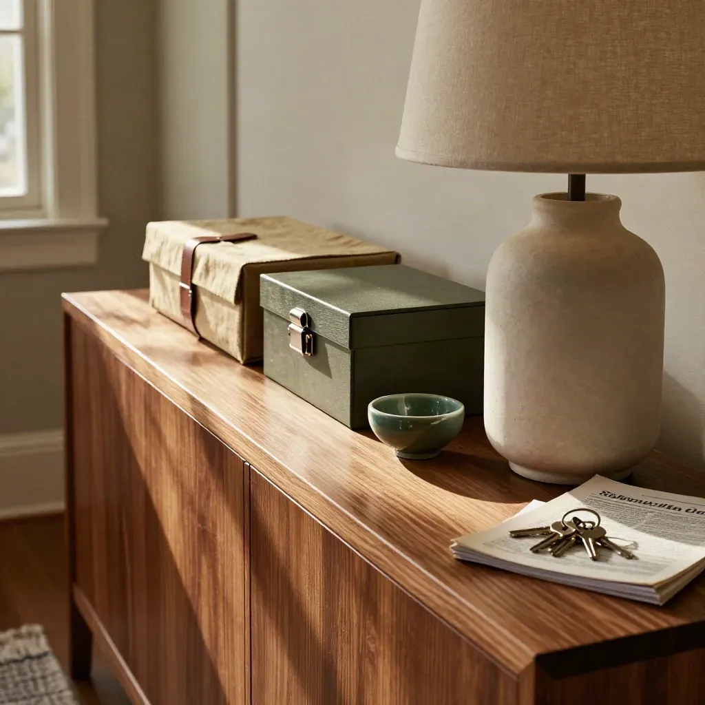 Hallway console with two account boxes, key bowl and lamp in warm sunlit stillness