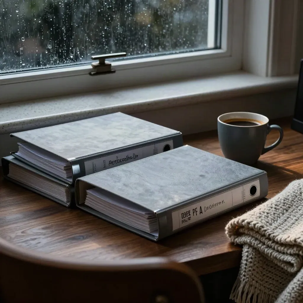 Macro of closed binders, coffee cup, wool throw, and rain-streaked window in a blue-hour home office.