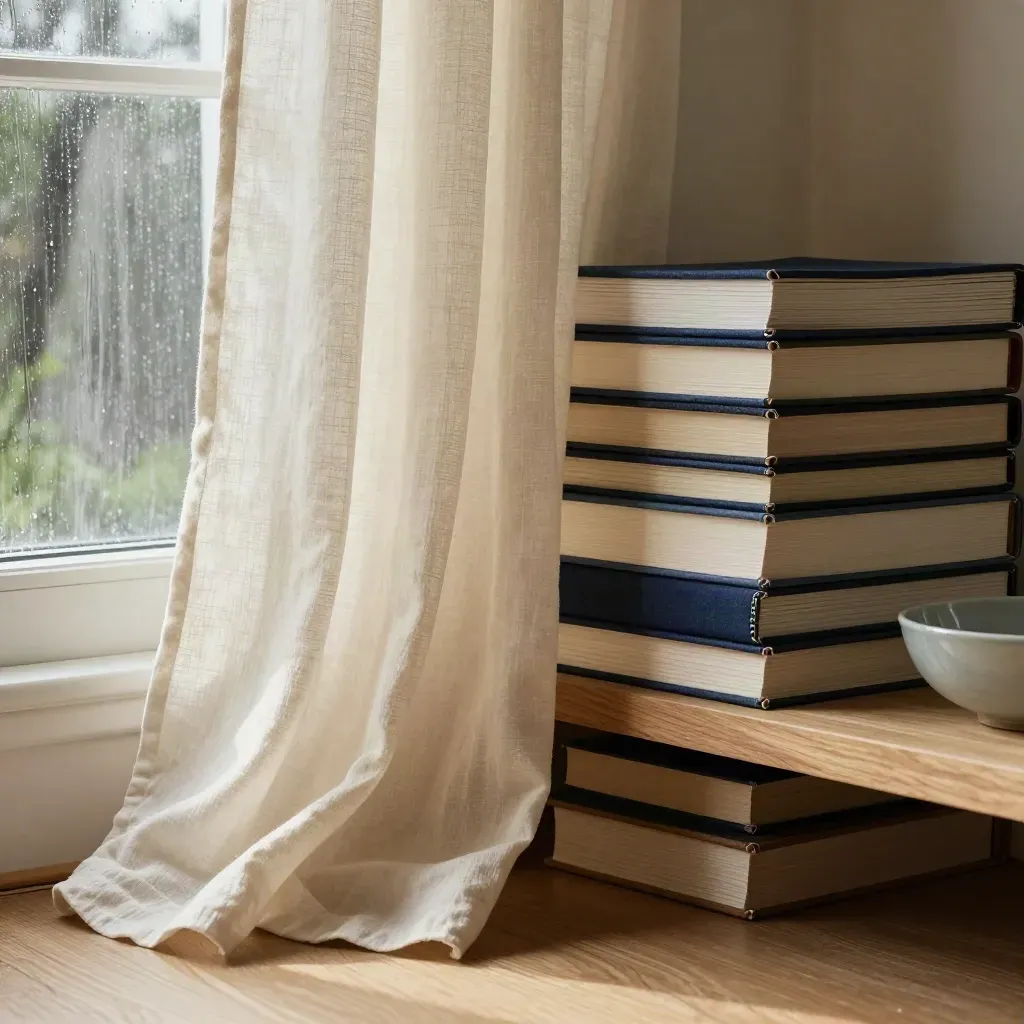 Curtain blowing by a rain window beside navy folios and a ceramic bowl