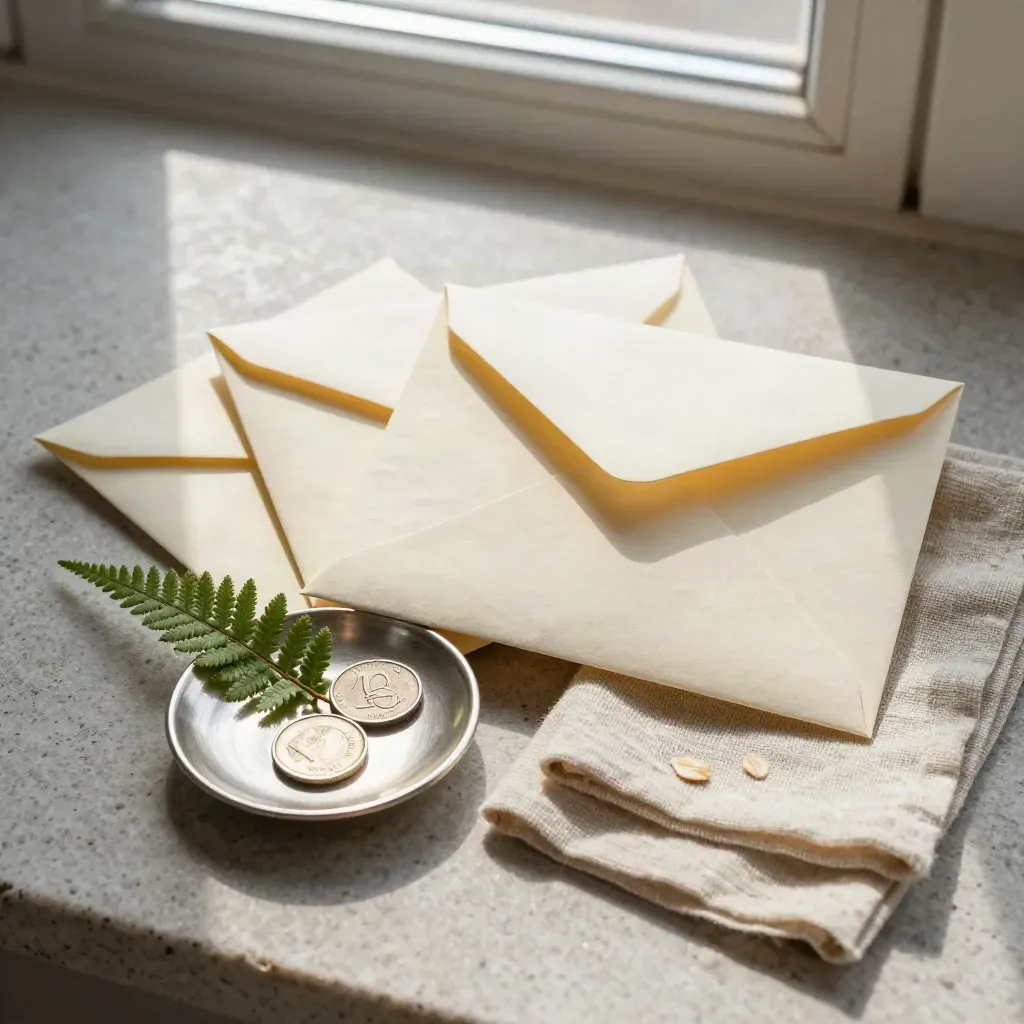 Overhead flatlay of income envelopes, silver coin dish, fern, and linen on stone.