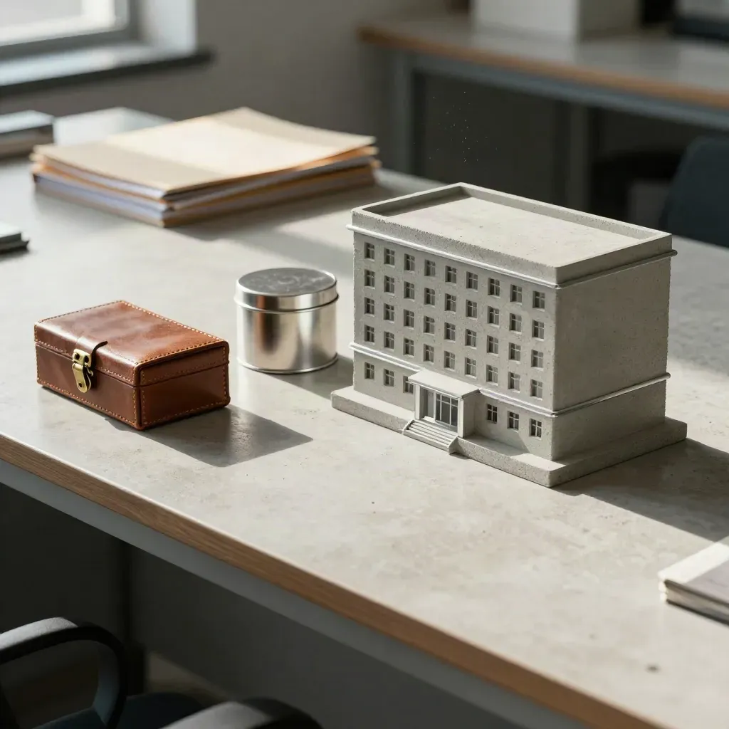 Ledger box, cash tin and office model on a concrete desk in late-afternoon light.