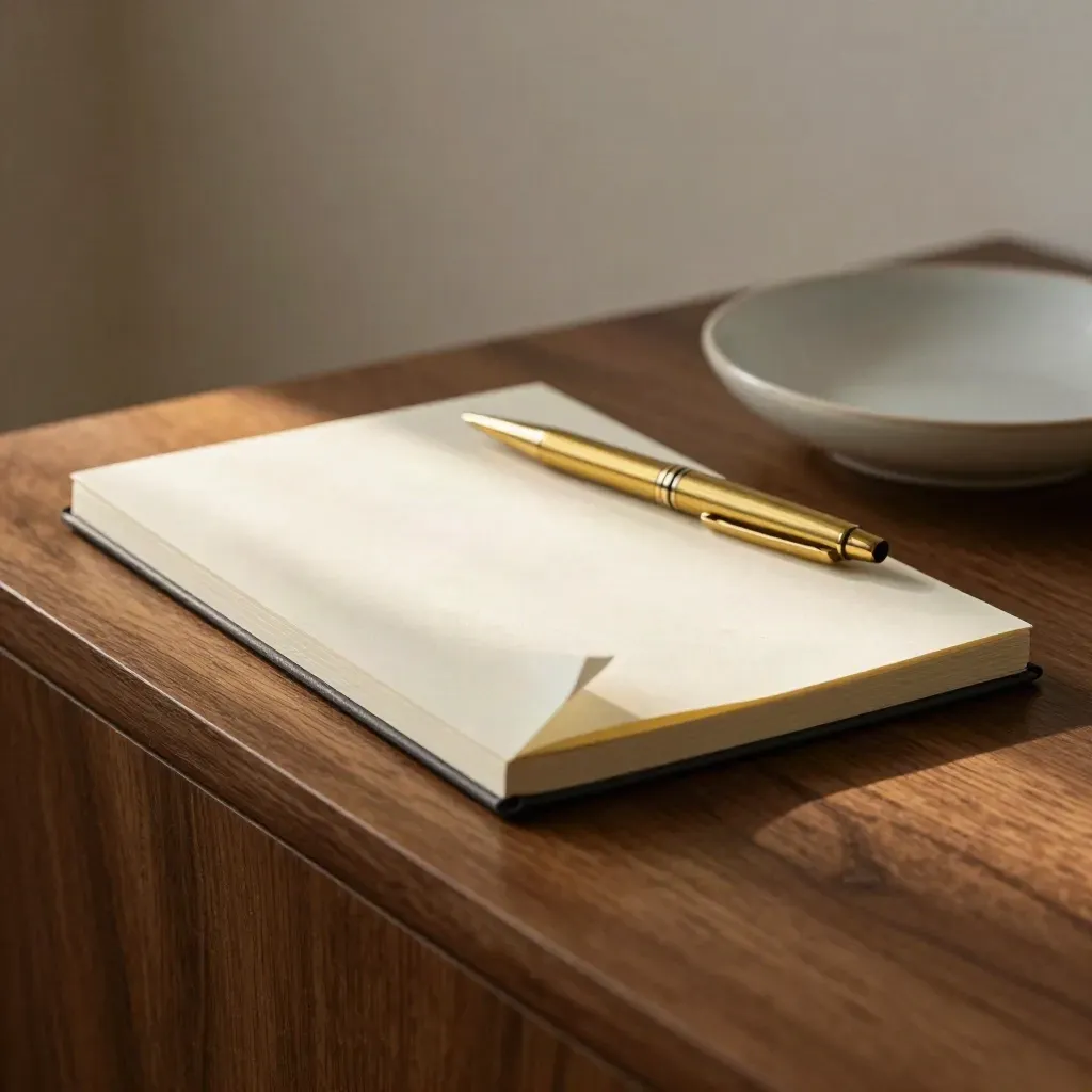 Closed notebook, brass pen, and ceramic dish on a walnut side table in soft lamplight.