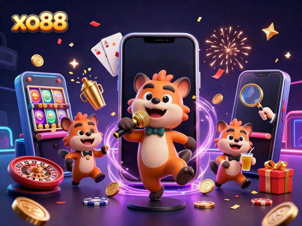 Cheerful hyenas entertaining customers at a flamboyant casino at xo88, capturing the fun of gaming.