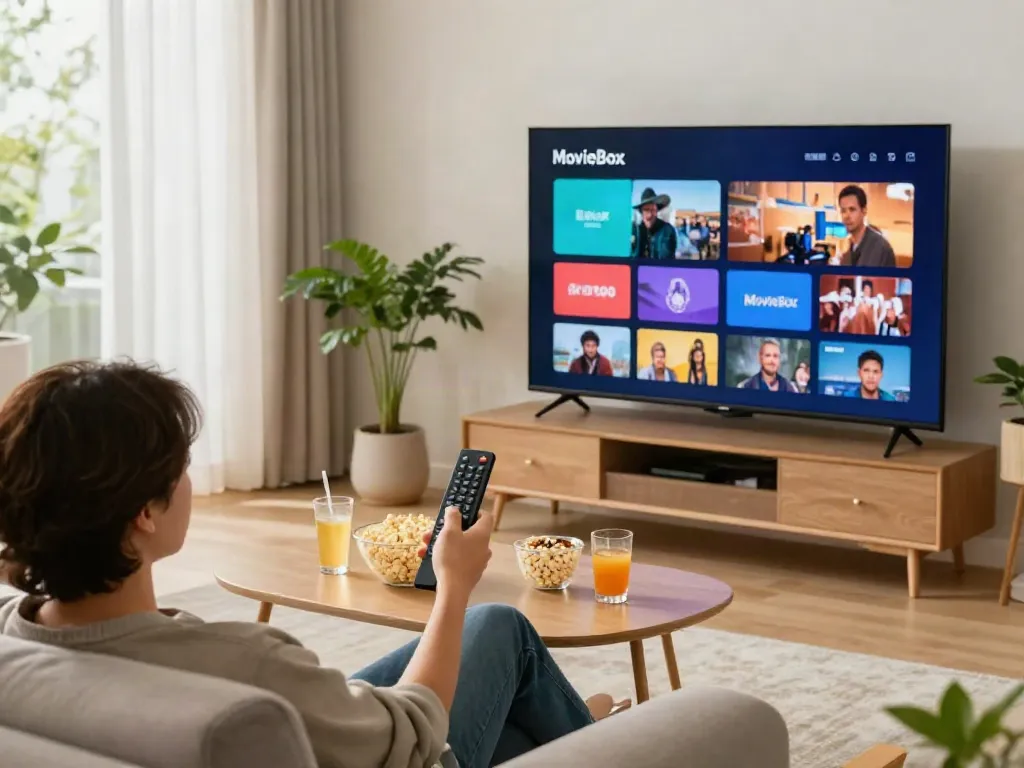 Person using MovieBox App on smart TV in cozy living room.