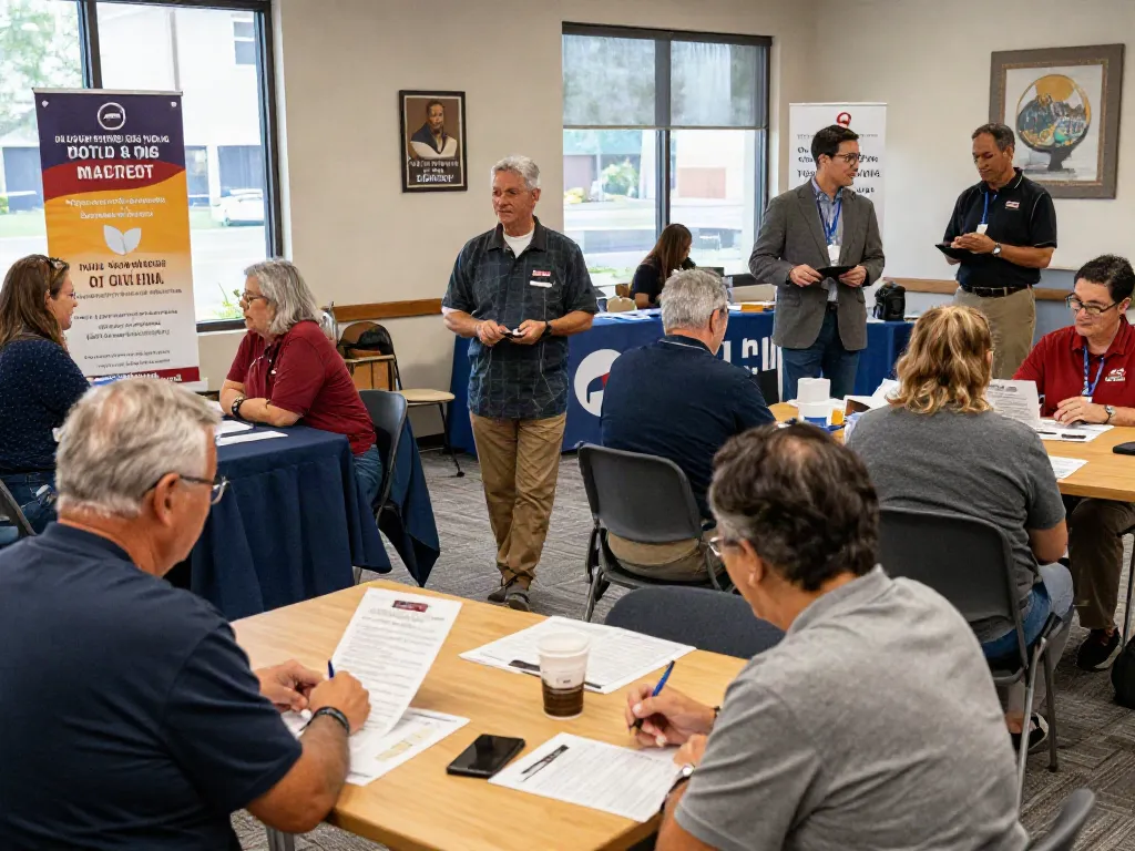 Veteran transition to civilian life event featuring veterans networking and accessing resources.