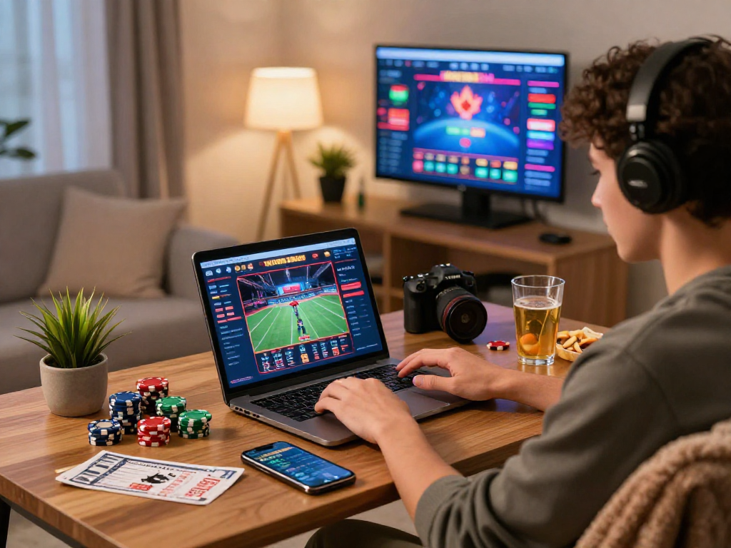 Engaged player gambling online in Canada, surrounded by gaming items and sports tickets.