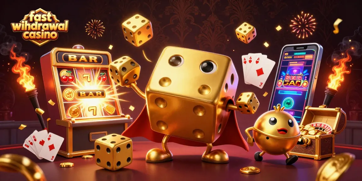 Experience the excitement of fast withdrawal casinos with golden dice and jackpot elements in this vibrant illustration.