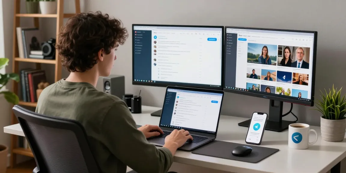 Using the Telegram Web Version in a modern home office with dual monitors and cozy workspace.
