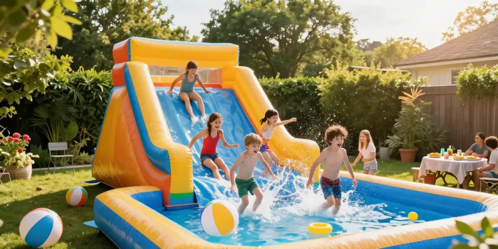 Children sliding down a vibrant inflatable water slide, enjoying summer splashes
