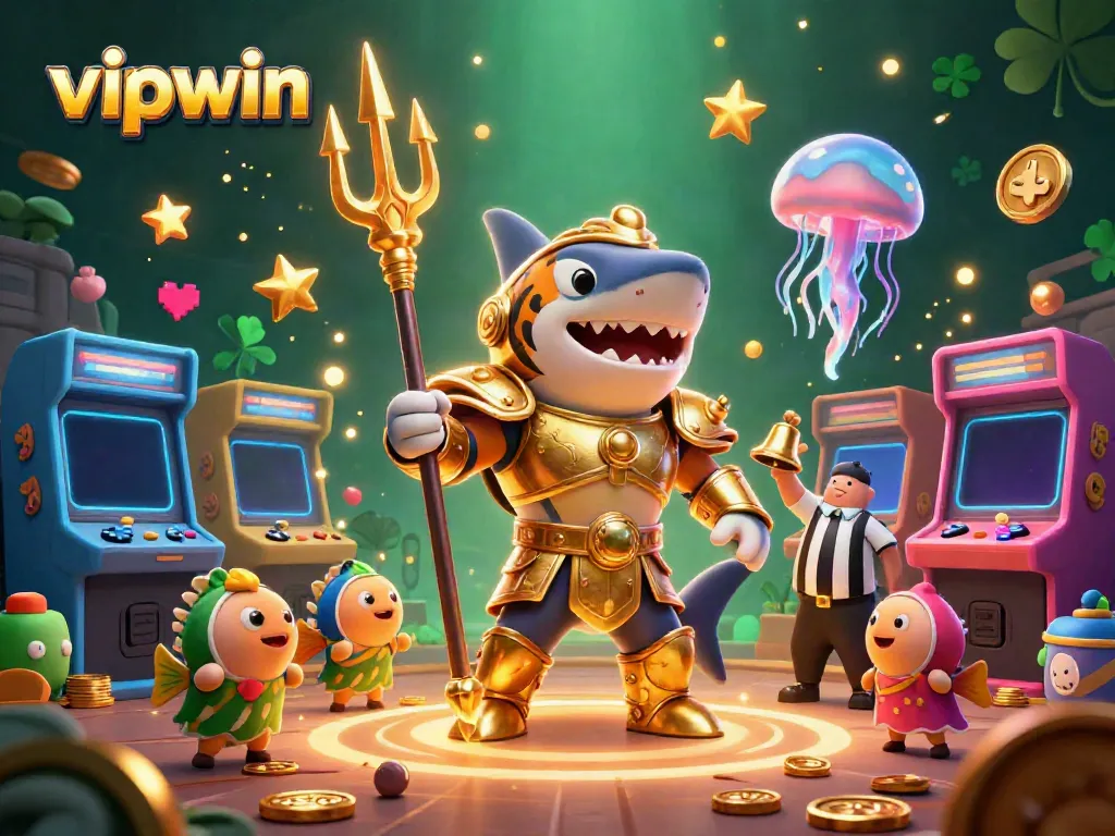 Engage in exciting gaming with vipwin at vibrant underwater casino featuring a shark gladiator.
