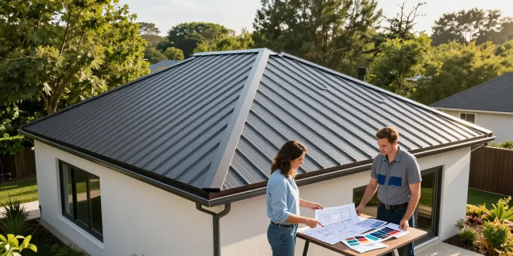 Homeowner consulting with Metal Roof Specialists about modern standing seam metal roofing project in sunny backyard setting.