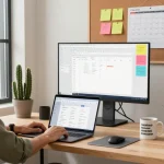 WPS Download interface on a laptop in a modern home office, highlighting productivity tools for effective work.