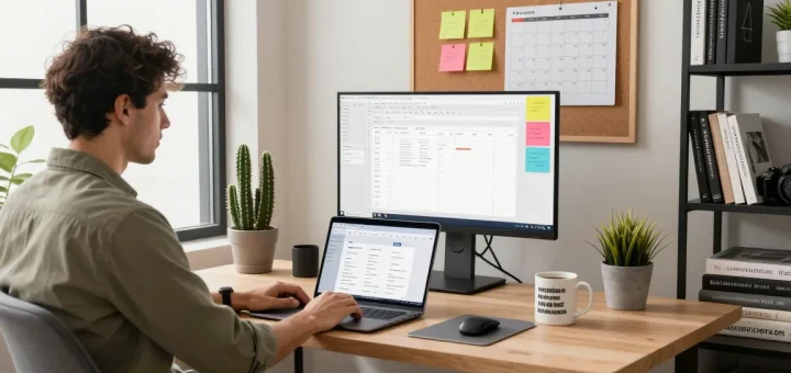 WPS Download interface on a laptop in a modern home office, highlighting productivity tools for effective work.