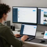 Using the Telegram Web Version in a modern home office with dual monitors and cozy workspace.