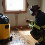 Water Damage Restoration North Vancouver technician assessing damage with industrial equipment in a flooded basement