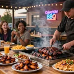 Enjoying BBQ dishes at a lively restaurant in Alberta, featuring delicious brisket, pulled pork poutine, and smoked chicken wings.