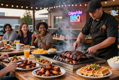Enjoying BBQ dishes at a lively restaurant in Alberta, featuring delicious brisket, pulled pork poutine, and smoked chicken wings.