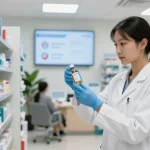 Healthcare professional reviewing medical supplies in Mississauga pharmacy, highlighting essential medical products.