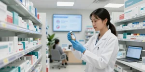 Healthcare professional reviewing medical supplies in Mississauga pharmacy, highlighting essential medical products.