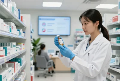 Healthcare professional reviewing medical supplies in Mississauga pharmacy, highlighting essential medical products.